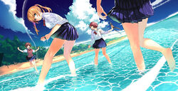  4girls amatani_mutsu barefoot beach blue_eyes blue_skirt bow bowtie brown_eyes brown_hair cloud commentary_request day feet kujou_shion leaning_forward looking_at_viewer looking_back multiple_girls ocean official_art onishima_homare out_of_frame outdoors plant pleated_skirt rabbit red_bow red_bowtie sagara_riri scenery school_uniform shirt short_hair skirt sky sleeves_rolled_up sounan_desuka? standing standing_on_one_leg suzumori_asuka sweater_vest toes twintails unworn_legwear water wet wet_clothes white_shirt wringing_clothes wringing_skirt 