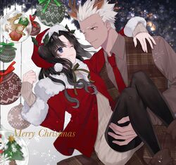  1boy alternate_costume animal_ears antlers archer_(fate) bad_id bad_twitter_id black_hair blue_eyes box brown_eyes brown_shirt buttons carrying christmas christmas_ornaments christmas_tree closed_mouth commentary_request dark-skinned_male dark_skin deer_ears english_text fake_animal_ears fate/stay_night fate_(series) female fur-trimmed_headwear fur-trimmed_jacket fur-trimmed_sleeves fur_trim gift gift_box green_ribbons hand_on_another&#039;s_shoulder hat highres horns jacket lips long_hair long_sleeves looking_at_another merry_christmas multicolored_ribbon necktie one_eye_closed pantyhose princess_carry red_headwear red_jacket red_necktie red_ribbon reindeer_antlers ribbed_sweater ribbon santa_costume shimatori_(sanyyyy) shirt short_hair smile snowflakes snowman sweater thighhighs tohsaka_rin two_side_up white_hair 