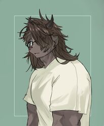  1boy animal_ears bara catoblepas_(housamo) dark-skinned_male dark_skin furry furry_male gao_(gao_53937056) glasses green_background green_eyes highres horns long_hair looking_at_viewer male_focus messy_hair muscular muscular_male shirt simple_background solo tokyo_afterschool_summoners white_shirt 