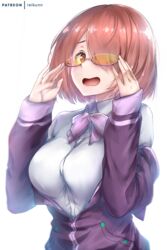  :o adjusting_eyewear bow bowtie breasts brown_hair cosplay female glasses gridman_universe hair_over_one_eye highres hoshino_miyako_(wataten) jacket large_breasts long_sleeves looking_at_viewer patreon_username purple_bow purple_bowtie purple_jacket rei_kun shinjou_akane shinjou_akane_(cosplay) shirt simple_background solo ssss.gridman standing tinted_eyewear ueda_reina upper_body voice_actor_connection watashi_ni_tenshi_ga_maiorita! white_background white_shirt yellow-tinted_eyewear 