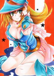  absurdres bare_shoulders blonde_hair blue_eyes blue_footwear blue_hat blush_stickers breasts cleavage dark_magician_girl duel_monster female hair_between_eyes hat highres large_breasts long_hair looking_at_viewer marker_(medium) pentacle rozarin showgirl_skirt smile solo traditional_media wizard_hat yu-gi-oh! 