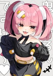  +++ :d bad_id bad_pixiv_id belt belt_buckle black_choker blunt_bangs blush buckle choker commentary_request coral_(pokemon) female gloves grey_eyes hair_ornament hand_on_own_hip hand_up long_sleeves looking_at_viewer lower_teeth_only nanahi_tsubaki oerba_yun_fang off_shoulder open_mouth pink_hair pokemon pokemon_(anime) pokemon_horizons skirt smile solo teeth tongue twintails 