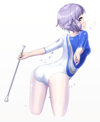  athletic_leotard bad_perspective commentary_request cowboy_shot female from_behind gymnastics highres idolmaster idolmaster_million_live! ktsecond leaning_forward leotard makabe_mizuki multicolored_leotard pantyhose purple_hair short_hair simple_background solo standing twirl_baton two-tone_leotard white_background white_leotard white_pantyhose yellow_eyes 