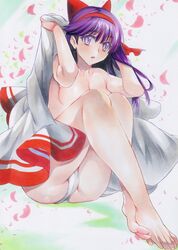  absurdres bare_legs barefoot black_eyes black_hair bow breasts brown_hair female hairbow highres long_hair looking_at_viewer marker_(medium) nakoruru open_mouth ponytail revealing_clothes rope rozarin samurai_spirits small_breasts traditional_media 