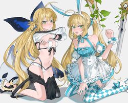  2girls absurdres ahoge animal_ears apron arm_at_side artoria_caster_(fate) artoria_caster_(swimsuit)_(fate) artoria_caster_(swimsuit)_(first_ascension)_(fate) artoria_caster_(swimsuit)_(second_ascension)_(fate) artoria_pendragon_(fate) asymmetrical_clothes asymmetrical_legwear asymmetrical_pants bare_shoulders bikini black_pants black_ribbon blonde_hair blue_bow blue_dress blue_scrunchie blush bow breasts checkered_thighhighs clothes_pull collarbone cropped_jacket detached_sleeves dress dress_bow dual_persona embarrassed fate/grand_order fate_(series) footwear_bow frilled_apron frills green_eyes grey_background hair_ornament hair_scrunchie halterneck hand_up hands_up high_heels highres jacket kneeling long_hair long_sleeves looking_at_viewer mismatched_legwear multiple_girls navel no_headwear open_mouth orca pants pants_pull platform_footwear puffy_short_sleeves puffy_sleeves rabbit_ears ribbon sandals scrunchie sharp_teeth short_sleeves sideboob simple_background single_pantsleg small_breasts striped_clothes striped_jacket striped_ribbon striped_thighhighs swimsuit sword teeth thighhighs twintails vertical-striped_clothes vertical-striped_thighhighs waist_apron weapon white_apron white_bikini white_footwear white_jacket white_wristband wrist_cuffs wristband yurumawari 