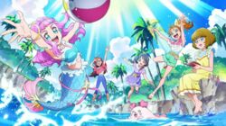  5girls :d arm_up ball barefoot beachball belt blue_eyes blue_hair blue_pants bow bracelet brown_hair choker creature dress frills glasses green_eyes green_shorts hairbow happy ichinose_minori jewelry kururun_(precure) laura_la_mer laura_la_mer_(mermaid) long_hair low_twintails mermaid midriff monster_girl multiple_girls nakatani_yukiko natsuumi_manatsu navel official_art open_mouth outdoors palm_tree pants pink_bow pink_shirt playing precure purple_hair purple_shirt purple_skirt red_hair sandals shirt short_hair shorts sitting skirt sleeveless sleeveless_shirt smile star_(symbol) suzumura_sango swimming takizawa_asuka thick_eyebrows tree tropical-rouge!_precure twintails water white_shirt yellow_bow yellow_dress 