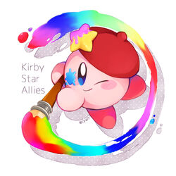  artist_kirby beret blue_eyes blush_stickers cf217 copy_ability english_text hat highres holding holding_paintbrush kirby kirby:_star_allies kirby_(series) no_humans one_eye_closed paint_splatter paint_splatter_on_face paintbrush rainbow_gradient signature simple_background smile solo star_(symbol) white_background 