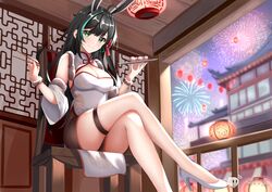  aerial_fireworks ahoge alternate_costume animal_ears architecture bare_legs bare_shoulders black_hair breasts china_dress chinese_clothes chopsticks cleavage cleavage_cutout clothing_cutout crossed_legs detached_sleeves dress east_asian_architecture fake_animal_ears female fireworks green_eyes guai_bao high_heels holding lin_(tower_of_fantasy) medium_breasts multicolored_hair pelvic_curtain plate rabbit_ears sitting smile solo streaked_hair thigh_strap thighs tower_of_fantasy white_dress white_footwear 