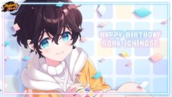  1boy absurdres black_hair blue_background blue_eyes border character_name confetti copyright_name copyright_notice english_commentary english_text hair_between_eyes happy_birthday highres holding holding_toy ichinose_sora kusumoto_shizuru logo lolicon mahjong_soul male_focus official_art official_wallpaper raised_eyebrows rubik&#039;s_cube sitting smile solo sweater toy 