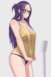  absurdres arai_kei arms_at_sides bangs_pinned_back bare_shoulders black_panties blue_eyes breasts cleavage closed_mouth commentary_request cowboy_shot female from_side furrowed_brow glasses grey_background highres kagamihara_sakura large_breasts long_hair panties purple_eyes purple_hair simple_background skindentation solo standing tank_top underwear weighing_scale weight_conscious white_background yurucamp 