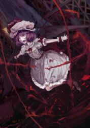  absurdres dark_background dress english_commentary fangs female frilled_dress frilled_sleeves frills full_body hat highres mixed-language_commentary mob_cap outstretched_arms puffy_short_sleeves puffy_sleeves purple_hair red_background red_eyes remilia_scarlet short_sleeves sinzan solo teeth touhou wrist_cuffs 