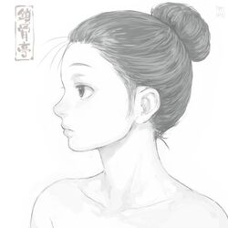  artist_logo closed_mouth collarbone expressionless female from_side greyscale hair_bun monochrome nude original shu-mai simple_background single_hair_bun solo white_background 