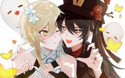  2girls 3o_c black_hair blonde_hair boo_tao_(genshin_impact) bug butterfly cheek-to-cheek chinese_clothes commentary detached_sleeves feather_hair_ornament feathers flower genshin_impact ghost ghost_pose hair_between_eyes hair_flower hair_ornament hat hat_flower hat_ornament heads_together highres hu_tao_(genshin_impact) jewelry long_hair long_sleeves looking_at_another lumine_(genshin_impact) multiple_girls red_eyes ring short_hair short_hair_with_long_locks sidelocks simple_background symbol-only_commentary symbol-shaped_pupils twintails white_background yellow_eyes 