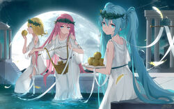  3girls ancient_greek_clothes apoptygma apple aqua_eyes aqua_hair arm_at_side arm_support arm_tattoo asahi_kuroi blue_eyes blue_hair breasts building chiton collarbone commentary dress eating english_commentary feathers flipped_hair food fruit full_moon golden_apple grass greco-roman_clothes greek_mythology hand_up hatsune_miku head_wreath highres holding holding_food holding_fruit holding_instrument holding_plate instrument kagamine_rin large_breasts laurel_crown light_particles long_hair long_sleeves looking_at_viewer looking_back megurine_luka moon motion_blur multiple_girls night night_sky open_mouth outstretched_arm peplos pillar pink_hair plate pond profile puffy_long_sleeves puffy_sleeves ribbon sash short_hair sidelocks sitting sky sleeveless smile standing star_(sky) straight_hair tattoo twintails very_long_hair vocaloid wading water white_dress white_ribbon 