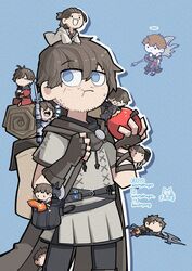  absurdres adventurer_(ff14) apple ardbert_hylfyst armor axe backpack bag beard_stubble belt brown_hair chibi cloak constellation_crystal_(ff14) crystal dark_knight_(final_fantasy) deviantart_logo dragoon_(final_fantasy) eating facial_hair final_fantasy final_fantasy_xiv food fruit hair_slicked_back halberd halo highres hyur instagram_logo male_focus monk_(final_fantasy) multiple_boys multiple_persona paladin_(final_fantasy) pixiv_logo polearm samurai_(final_fantasy) stubble sword tumblr_logo warrior_(final_fantasy) warrior_of_light_(ff14) weapon whitydragon 