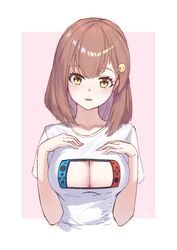  blush border breast_focus breasts brown_eyes brown_hair chinese_commentary cleavage cleavage_cutout clothing_cutout collarbone commentary_request cropped_torso female framed hair_ornament hairclip han_(ozrfour) hands_on_own_chest hands_up highres large_breasts looking_at_viewer medium_hair nanami_(virtuareal) nijisanji nintendo_switch no_bra outside_border parted_lips pink_background print_shirt shirt short_sleeves simple_background smile smiley_face solo t-shirt upper_body virtual_youtuber virtuareal white_border white_shirt yellow_eyes 