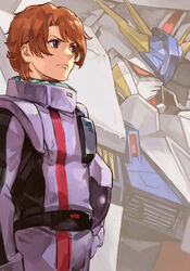  1boy blue_eyes bodysuit brown_hair closed_mouth cowboy_shot gundam gundam_hathaway&#039;s_flash helmet holding holding_helmet hungry_clicker lane_aim male_focus mecha penelope_(hathaway&#039;s_flash) pilot_suit purple_bodysuit robot science_fiction solo standing 