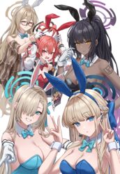  5girls ^_^ absurdres akane_(blue_archive) akane_(bunny)_(blue_archive) animal_ears aqua_bow aqua_bowtie asuna_(blue_archive) asuna_(bunny)_(blue_archive) black-framed_eyewear blonde_hair blue_archive blue_eyes blue_leotard blush bow bowtie breasts cleaning_&amp;_clearing_(blue_archive) cleavage closed_eyes commentary dark-skinned_female dark_skin detached_collar double_v fake_animal_ears glasses gloves gyaru_v halo highres karin_(blue_archive) karin_(bunny)_(blue_archive) leotard long_hair looking_at_viewer multiple_girls neru_(blue_archive) neru_(bunny)_(blue_archive) official_alternate_costume playboy_bunny rabbit_ears simoumi_217 simple_background smile strapless strapless_leotard toki_(blue_archive) toki_(bunny)_(blue_archive) v white_background white_gloves wrist_cuffs 