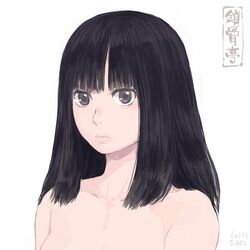  artist_logo black_hair brown_eyes closed_mouth female grey_eyes long_hair looking_at_viewer nude original shu-mai simple_background solo upper_body white_background 