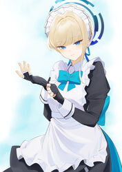  apron black_dress black_gloves blonde_hair blue_archive blue_eyes blue_halo blue_ribbon blush bow bowtie braid breasts bun_cover dress earpiece female fingerless_gloves gloves hair_bun hair_ribbon half_up_braid halo juliet_sleeves long_sleeves looking_at_viewer maid_headdress puffy_sleeves ribbon shimon_(31426784) short_hair single_hair_bun small_breasts solo toki_(blue_archive) white_apron 