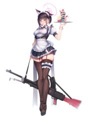  absurdres alternate_costume animal_ears apron black_hair blue_archive bow breasts bren_lmg brown_thighhighs cake cake_slice cat_ears cherry colored_inner_hair dress enmaided extra_ears female food fork fruit full_body garter_straps gun halo high_heels highres holding holding_gun holding_tray holding_weapon ice_cream kazusa_(blue_archive) light_machine_gun looking_at_viewer macaron maid maid_apron maid_headdress medium_breasts mouth_hold multicolored_hair mung_(larnec) pink_hair pink_halo puffy_short_sleeves puffy_sleeves red_eyes revision rifle short_dress short_hair short_sleeves simple_background skindentation solo strap sundae thighhighs thighs tray wafer_stick waist_bow weapon white_background wrist_cuffs zettai_ryouiki 