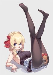  absurdres animal animal_ears ass between_legs black_pantyhose blonde_hair blue_eyes bow breasts chinese_commentary commentary_request feet female grey_background hair_between_eyes hair_intakes hair_ribbon hairbow han_(ozrfour) heart highres kneepits large_breasts legs long_hair looking_at_viewer lying nijisanji no_bra no_shoes on_back open_mouth panties panties_under_pantyhose pantyhose pinstripe_pattern red_bow ribbon short_hair sideboob simple_background sleeveless smile soles solo striped symbol-shaped_pupils tail underwear vertical_stripes virtual_youtuber virtuareal white_panties yukie_(virtuareal) 