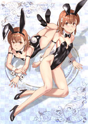  2girls alternate_costume animal_ears arm_strap ass bare_legs bare_shoulders black_bow black_bowtie black_footwear black_leotard bow bowtie breasts brown_eyes brown_hair commentary_request detached_collar fake_animal_ears fake_tail feet_up high_heels highleg highleg_leotard leotard looking_at_viewer lying medium_hair misaka_imouto misaka_mikoto multiple_girls on_side on_stomach open_mouth parted_lips playboy_bunny rabbit_ears rabbit_tail raika9 siblings simple_background sisters small_breasts strapless strapless_leotard tail toaru_kagaku_no_railgun toaru_majutsu_no_index traditional_bowtie white_wrist_cuffs wrist_cuffs 