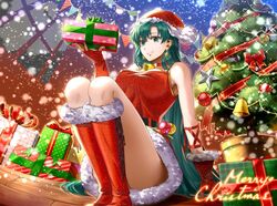  arm_support bare_shoulders bell boots bow box breasts choker christmas christmas_ornaments christmas_tree closed_mouth commentary delsaber dress earrings english_text female fingerless_gloves fingernails fire_emblem fire_emblem:_the_blazing_blade full_body fur_trim gift gift_box gloves green_eyes green_hair hat holding jewelry knee_boots lips long_hair lyn_(fire_emblem) medium_breasts merry_christmas pom_pom_(clothes) red_dress red_footwear red_gloves santa_costume santa_hat short_dress simple_background sleeveless smile snow snowing solo sparkle star_(symbol) star_earrings thighs very_long_hair wooden_floor 