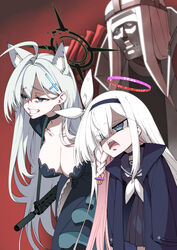  1boy 2girls ahoge animal_ear_fluff animal_ears assault_rifle black_sailor_collar blue_archive blue_eyes braid breasts choker cleavage coat cross_hair_ornament extra_ears grey_hair grin gun hair_between_eyes hair_ornament hair_over_one_eye hairband halo highres hitotose_rin large_breasts leaning_forward long_hair long_sleeves multicolored_hair multiple_girls neckerchief open_clothes open_coat open_mouth phrenapates_(blue_archive) plana_(blue_archive) pleated_skirt ribbon rifle sailor_collar school_uniform serafuku shiroko_(blue_archive) shiroko_terror_(blue_archive) side_braid sig_556 sig_sauer simple_background skirt smile spoilers weapon white_hair wolf_ears 