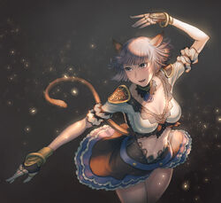  :d adventurer_(ff11) animal_ears belt blue_belt blue_eyes blue_flower blue_rose bracelet breasts brown_tail cactus41747280 cat_ears cat_girl cat_tail cleavage collarbone dancer dancer_(final_fantasy) facial_mark female final_fantasy final_fantasy_xi flamenco flower frilled_skirt frills grey_hair highres jewelry medium_breasts midriff mithra_(ff11) no_eyebrows open_mouth ring rose shirt short_hair skirt smile solo tail whisker_markings white_shirt 