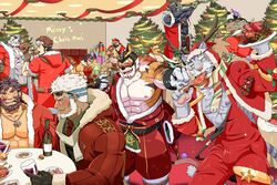  6+boys abs aegir_(housamo) animal_ears annotated antlers arknights bara bare_pectorals beard belly black_fur box brown_fur christmas christmas_ornaments christmas_tree cigar cow_ears cow_horns crossover ded_(housamo) demon_boy demon_horns dog_boy dog_ears facial_hair furry furry_male gift gift_box grausummon grey_fur hat horns indoors jacket krampus_(housamo) large_pectorals live_a_hero male_focus mask masked mature_male merry_christmas minotaur mountain_(arknights) multicolored_hair multiple_boys multiple_crossover muscular muscular_male necktie nimbus_(world_flipper) nipples official_alternate_costume open_clothes open_jacket pants pectorals plump purple_horns red_jacket red_pants reindeer_antlers ryekie_(live_a_hero) santa_costume santa_hat scarf shennong_(housamo) short_hair sideburns stomach striped_fur stubble table takemaru_(housamo) tiger_boy tiger_ears tokyo_afterschool_summoners tomte_(housamo) two-tone_hair white_hair world_flipper yasuyori_(housamo) yule_(housamo) 