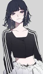  absurdres animification black_eyes black_hair black_shirt collarbone commentary crop_top cropped_shirt earrings female grey_background hair_behind_ear head_tilt highres hoop_earrings jewelry k-pop kim_chae-won le_sserafim midriff official_art orihara_(ewkkyorhr) real_life shirt short_hair skirt smile solo unforgiven_(le_sserafim) white_skirt 