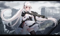  akm allenes assault_rifle asymmetrical_legwear black_dress black_thighhighs blush breasts cleavage closed_mouth cloud cloudy_sky commentary_request dress elbow_gloves female gloves gun holding holding_gun holding_weapon kalashnikov_rifle letterboxed long_hair looking_at_viewer low_twintails maid medium_breasts mismatched_legwear original outdoors panties puffy_short_sleeves puffy_sleeves red_eyes rifle ruins scope see-through short_sleeves skindentation sky solo thighhighs twintails underwear very_long_hair weapon white_hair white_panties white_thighhighs 