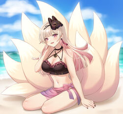  :d bare_arms bare_legs bare_shoulders beach black_nails blonde_hair blue_sky blunt_bangs blurry blurry_background breasts cleavage cloud commentary commission earrings english_commentary female fox_mask fox_tail full_body gradient_hair hand_on_own_cheek hand_on_own_face highres jewelry kitsune kyuubi large_breasts long_hair looking_at_viewer makurano_neena mask mask_on_head midriff multicolored_hair multiple_tails nail_polish navel oemmnn open_mouth outdoors pink_eyes pink_hair production_kawaii protected_link sarong second-party_source sitting skeb_commission sky smile solo tail tassel tassel_earrings virtual_youtuber yokozuwari 