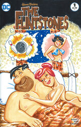  1boy 1girls bed betty_rubble bowling breasts canon_couple closed_eyes comic comic_cover couple cover dream dreaming fred_flintstone hanna-barbera husband_and_wife imagining joe_gravel lesbian married milf night nude nude_female nude_male parody red_hair sleeping text the_flintstones tied_hair watermark wilma_flintstone yuri 