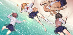  4girls amatani_mutsu asymmetrical_legwear beach blazer blonde_hair blue_eyes bow bowtie clothes_around_waist commentary_request feet jacket kneehighs kujou_shion looking_at_viewer lying miniskirt multiple_girls ocean official_art on_back on_side on_stomach onishima_homare parted_lips red_bow red_bowtie sagara_riri sand sand_writing school_uniform shirt skirt sleeves_rolled_up smile socks sounan_desuka? starfish suzumori_asuka sweater_vest torn_clothes torn_skirt translated uneven_legwear water wet wet_clothes white_legwear white_shirt 