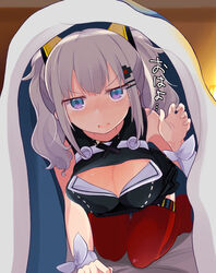  all_fours black_shirt blanket blue_eyes blush breasts claw_pose cleavage cleavage_cutout clothing_cutout commentary d-pad d-pad_hair_ornament female full_body grey_hair hair_ornament hairclip hidejiu indoors kaguya_luna large_breasts long_hair looking_at_viewer open_mouth red_thighhighs shirt solo the_moon_studio thighhighs thighs translated twintails under_covers virtual_youtuber wrist_cuffs 