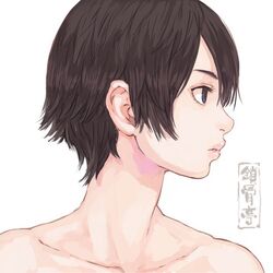  artist_logo brown_eyes brown_hair closed_mouth collarbone female looking_to_the_side nude original portrait short_hair shu-mai simple_background solo white_background 