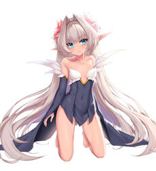  bare_legs bare_shoulders barefoot blush breasts closed_mouth collarbone covered_navel detached_sleeves ehart elf female flower full_body grey_hair hair_flower hair_intakes hair_ornament head_tilt kneeling long_hair long_sleeves looking_at_viewer md5_mismatch original pink_flower pointy_ears small_breasts solo straight_hair very_long_hair wide_sleeves 