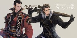  2boys alternate_costume armor belt black_armor black_hair blue_eyes brown_eyes chest_strap cor_leonis cowboy_shot facial_hair fighting_stance final_fantasy final_fantasy_xiv final_fantasy_xv fur_collar fur_trim gladiolus_amicitia gunblade gunbreaker_(final_fantasy) hand_on_weapon highres japanese_armor japanese_clothes katana looking_to_the_side male_focus mature_male multiple_boys over_shoulder samurai_(final_fantasy) scar scar_across_eye scar_on_face serious shirt short_hair smile sword thick_eyebrows warrior_of_light_(ff14) wavy_hair weapon weapon_over_shoulder white_shirt yuzukarin 