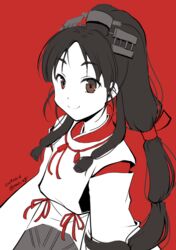  black_hair brown_eyes commentary_request dated female hair_tie high_ponytail japanese_clothes kantai_collection kariginu long_hair miko multi-tied_hair nao_(nao_eg) nisshin_(kancolle) red_background red_ribbon ribbon short_eyebrows smile solo thick_eyebrows upper_body very_long_hair 