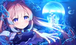  bare_shoulders blue_bow blue_hair blunt_bangs blush bow bow-shaped_hair bowtie female frilled_sleeves frills genshin_impact gloves glowing hair_ornament highres jellyfish maeru multicolored_hair ocean outstretched_hand purple_eyes sangonomiya_kokomi solo two-tone_hair underwater water 