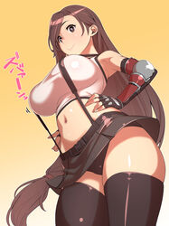  bare_shoulders black_shorts black_skirt breasts brown_eyes brown_hair commentary_request crop_top elbow_gloves elbow_pads female final_fantasy final_fantasy_vii final_fantasy_vii_remake fingerless_gloves from_below gloves hand_on_own_hip highres large_breasts long_hair low-tied_long_hair micro_shorts midriff miniskirt navel pencil_skirt shiny_skin shirt shorts skirt smile solo suspender_skirt suspenders tank_top taut_clothes taut_shirt thick_thighs thighhighs thighs tifa_lockhart tomoyuki_kotani translation_request upskirt yellow_background 