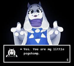  anthro black_background black_eyes boss_monster_(undertale) bovid caprine clothing cthonicus dialogue dress english_text female female_anthro goat hi_res looking_at_viewer mammal mature_anthro mature_female meme pogchamp simple_background solo spread_arms talking_to_viewer text toriel ugh_fine_i_guess_you_are_my_little_pogchamp undertale undertale_(series) white_body 