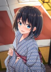  bath_yukata black_hair blue_eyes breasts collarbone commentary_request female futon hair_between_eyes highres indoors japanese_clothes kimono komori_kuzuyu lantern long_sleeves looking_at_viewer nervous_smile obi original parted_lips rivier_(kuzuyu) sash shima_(pattern) sleeves_past_wrists small_breasts smile solo tatami wide_sleeves yukata 