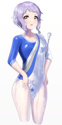  athletic_leotard commentary_request cowboy_shot female gymnastics highres idolmaster idolmaster_million_live! ktsecond leotard looking_at_viewer makabe_mizuki multicolored_leotard pantyhose purple_hair short_hair simple_background solo standing star_(symbol) star_print two-tone_leotard white_background white_leotard white_pantyhose yellow_eyes 