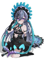  absurdres arm_strap bare_shoulders black_dress black_footwear black_gloves blue_eyes boots center_opening dai_mao_xuan_yi dress female fingerless_gloves gloves gnonno_(tower_of_fantasy) grey_hair grin hair_between_eyes hand_up headdress heart heart-shaped_pupils highres knee_boots lace_trim long_hair looking_at_viewer sitting sleeveless sleeveless_dress smile solo symbol-shaped_pupils tentacle tower_of_fantasy v very_long_hair 