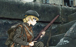  1917_(film) bandaged_hand bandages blonde_hair blood blue_eyes bolt_action braid braided_bun canteen commentary darjeeling_(girls_und_panzer) dated female girls_und_panzer gun gun_sling hair_bun helmet highres house lee-enfield load_bearing_equipment military military_uniform on_one_knee outdoors parody profile qian rifle serious short_hair signature soldier solo trigger_discipline uniform wall weapon william_schofield world_war_i 