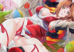  absurdres bare_shoulders blush breasts brown_hair cleavage fatal_fury female highres japanese_clothes large_breasts lion_dance long_hair looking_at_viewer marker_(medium) ninja parted_bangs pelvic_curtain ponytail red_eyes rozarin shiranui_mai shishimai smile socks solo the_king_of_fighters traditional_media 