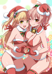  2girls ;q bare_shoulders bell bikini blonde_hair bow breasts christmas cleavage commentary_request fur-trimmed_gloves fur-trimmed_legwear fur_collar fur_trim gloves hair_bobbles hair_ornament hat heart heart_hands idolmaster idolmaster_cinderella_girls inue_shinsuke jingle_bell jougasaki_mika jougasaki_rika large_breasts lips multiple_girls oerba_yun_fang one_eye_closed orange_eyes pink_hair ponytail red_bikini red_gloves santa_bikini santa_costume santa_hat siblings sisters small_breasts swimsuit thighhighs tongue tongue_out two_side_up w yellow_eyes 